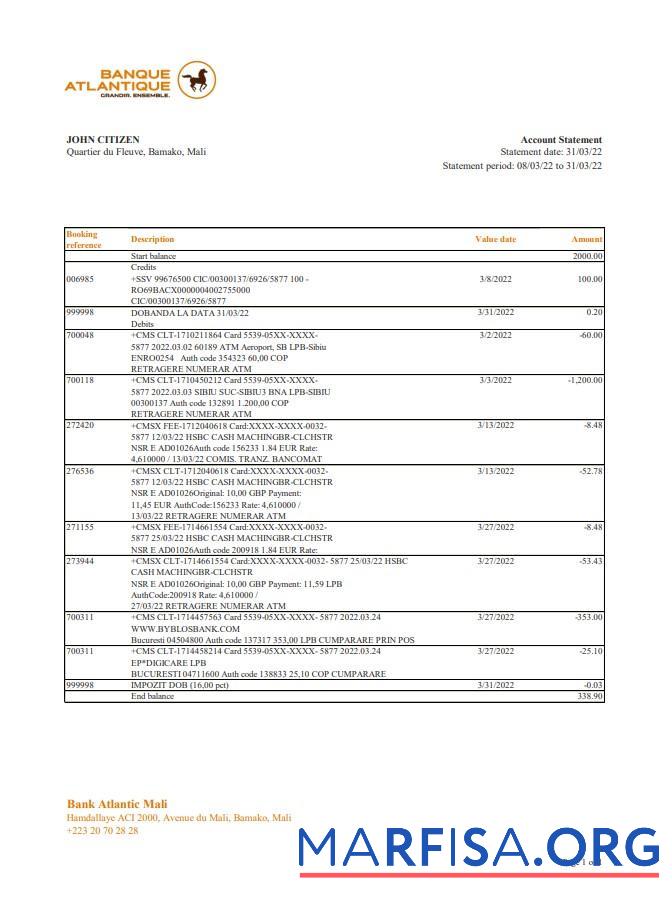 Realistic Mali Banque Atlantiaque bank statement excel real example